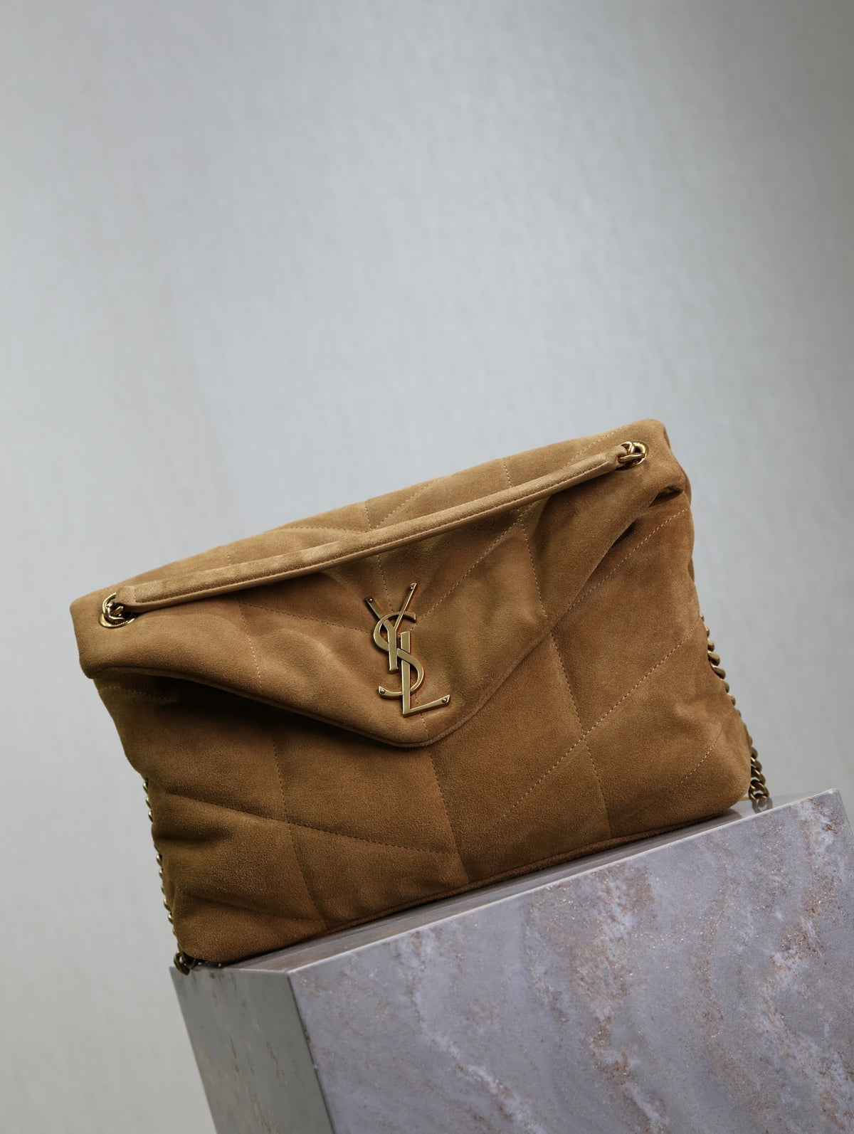 YSL 25S LOULOU PUFFER GM 35 IN TAN BROWN SUEDE GOLD HARDWRE
