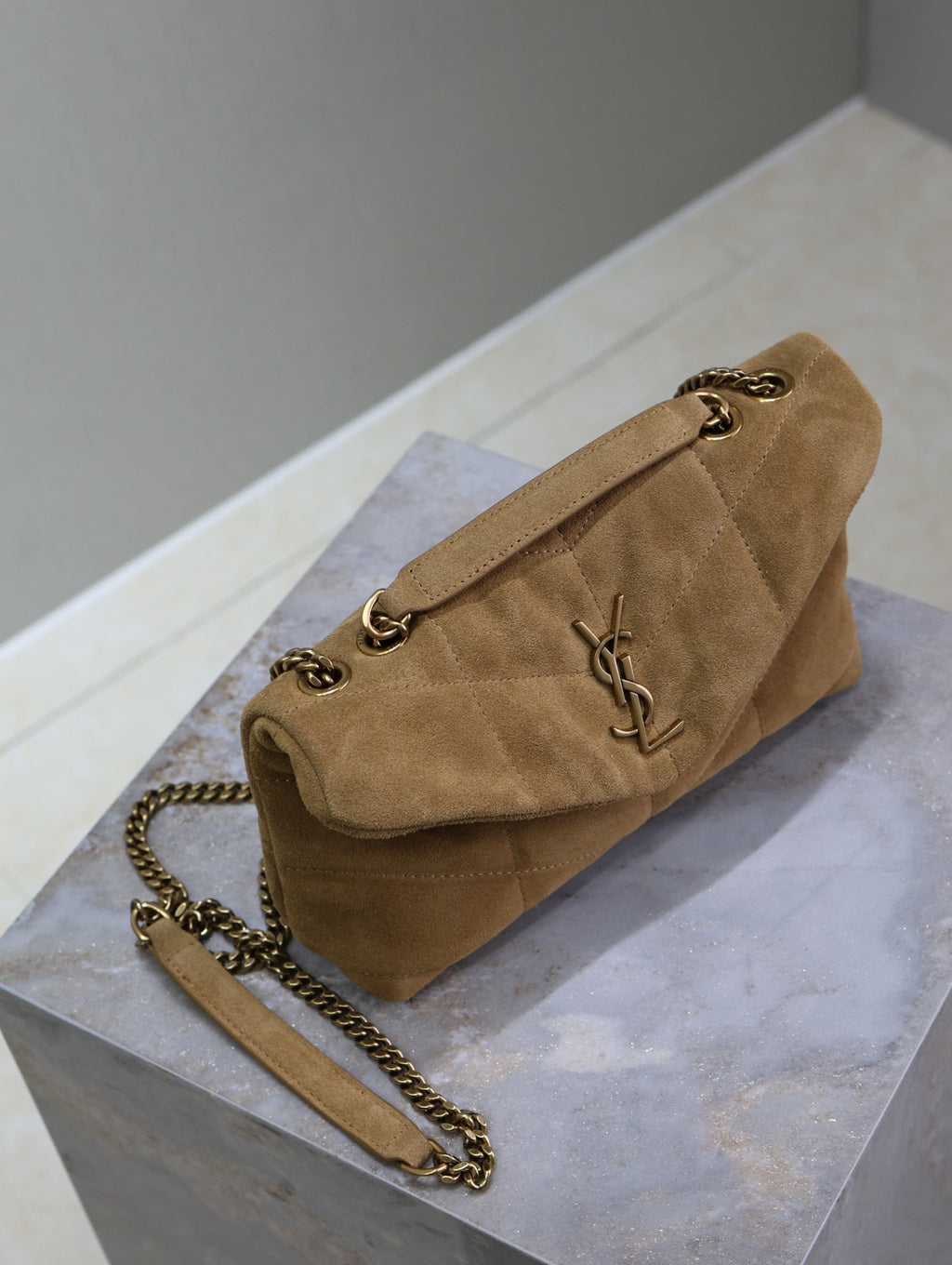 YSL 25S LOULOU PUFFER MINI 23 IN TAN BROWN SUEDE GOLD HARDWARE