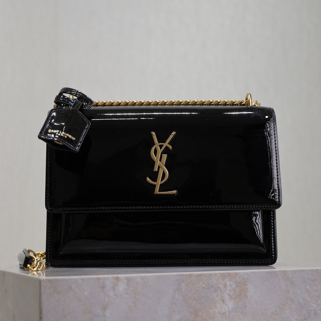 YSL 25S SUNSET MEDIUM 22 IN BLACK SHINY CALFSKIN GOLD HARDWRE