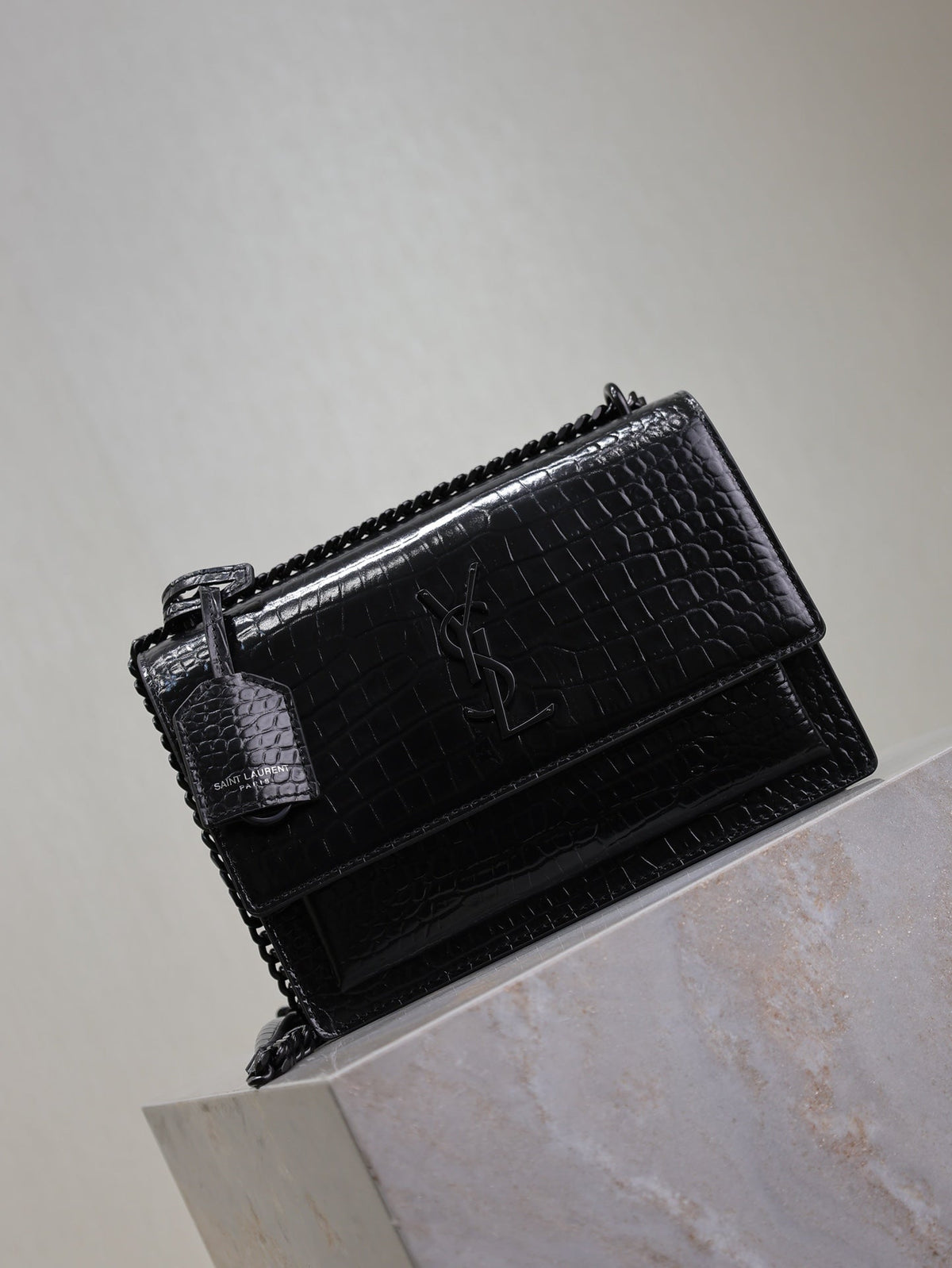 YSL 25S SUNSET MEDIUM 22 IN BLACK CROCODILE-EMBOSSED SHINY CALFSKIN BLACK HARDWRE