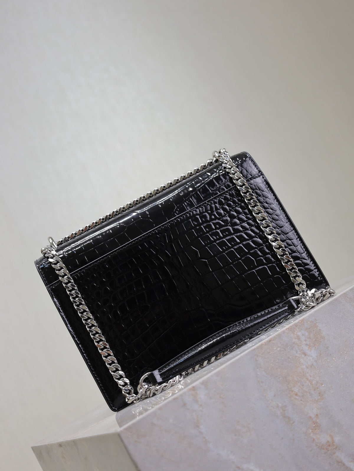 YSL 25S SUNSET MEDIUM 22 IN BLACK CROCODILE-EMBOSSED SHINY CALFSKIN SILVER HARDWRE