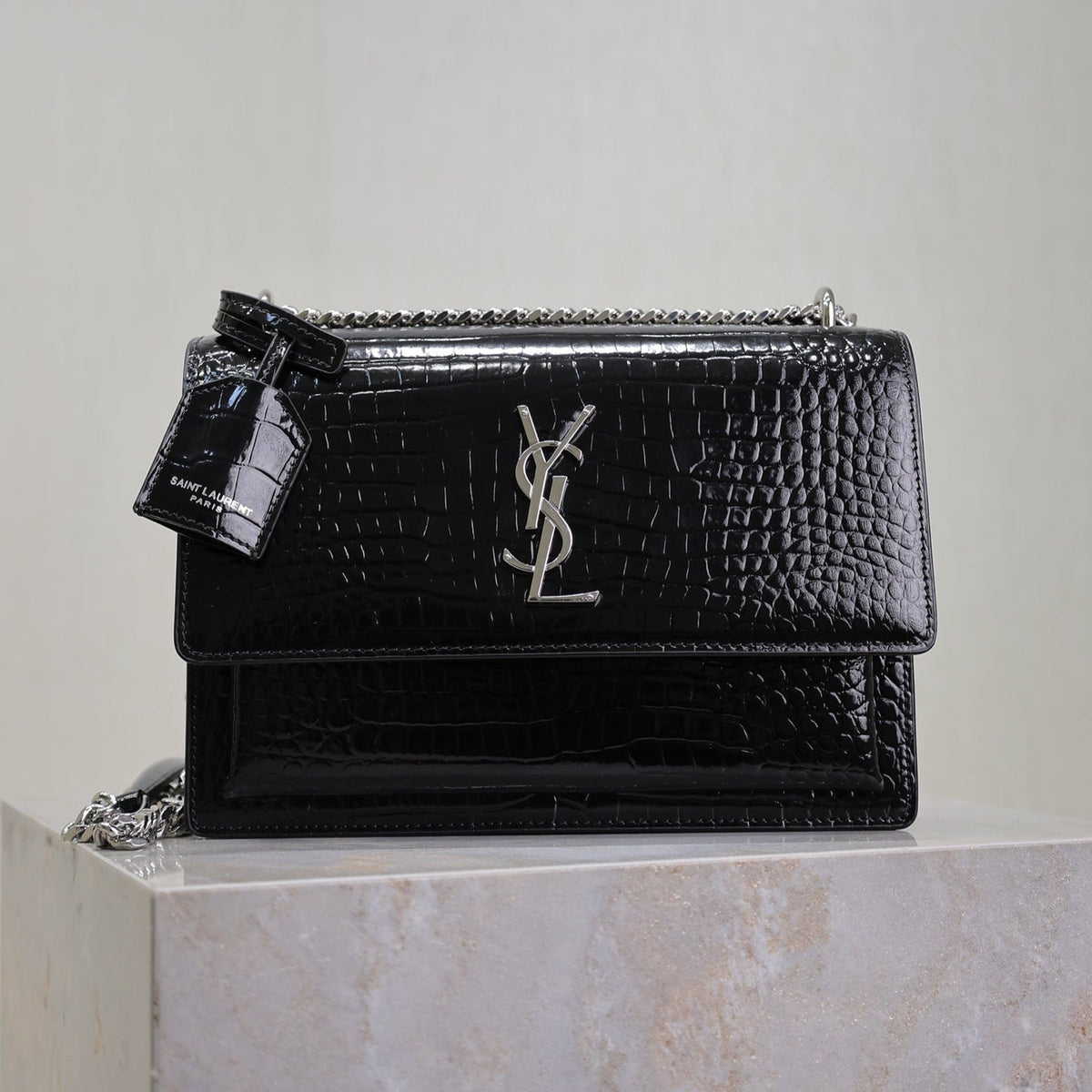 YSL 25S SUNSET MEDIUM 22 IN BLACK CROCODILE-EMBOSSED SHINY CALFSKIN SILVER HARDWARE
