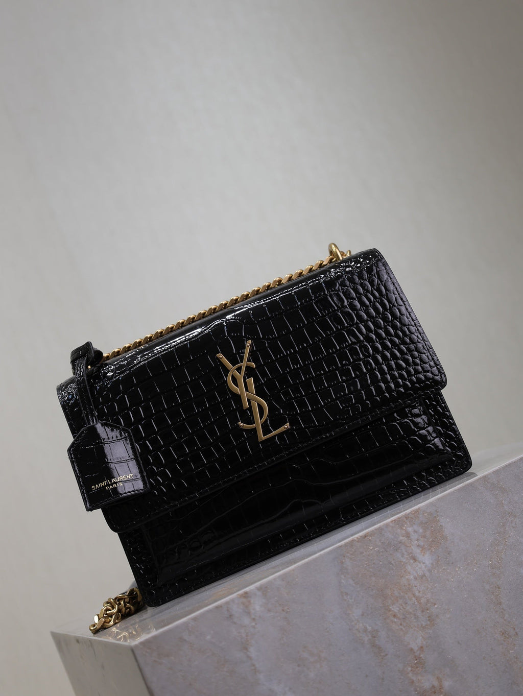 YSL 25S SUNSET MEDIUM 22 IN BLACK CROCODILE-EMBOSSED SHINY CALFSKIN GOLD HARDWARE