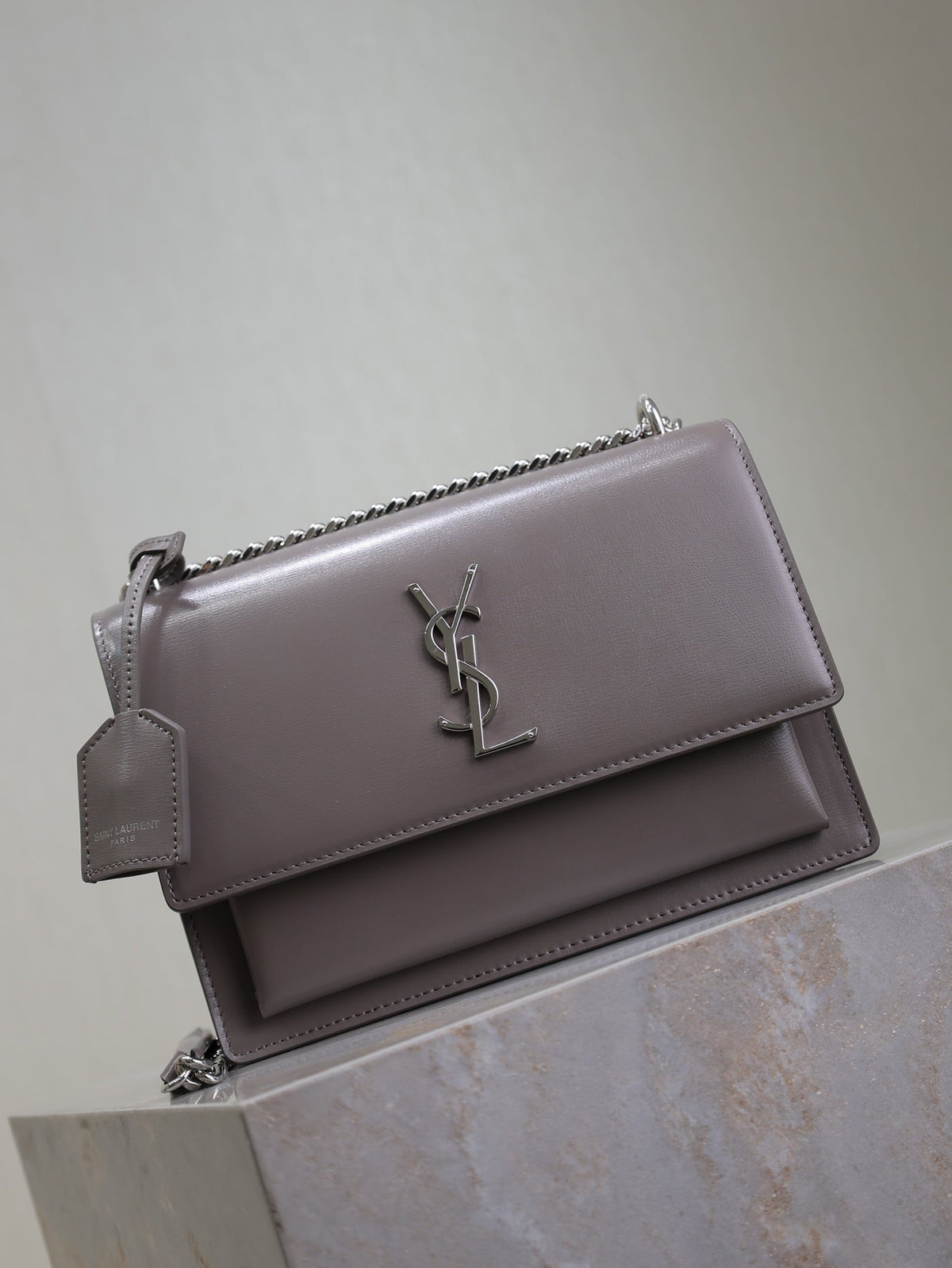 YSL 25S SUNSET BAG 22 IN DARK PURPLE CALFSKIN SILVER HARDWRE