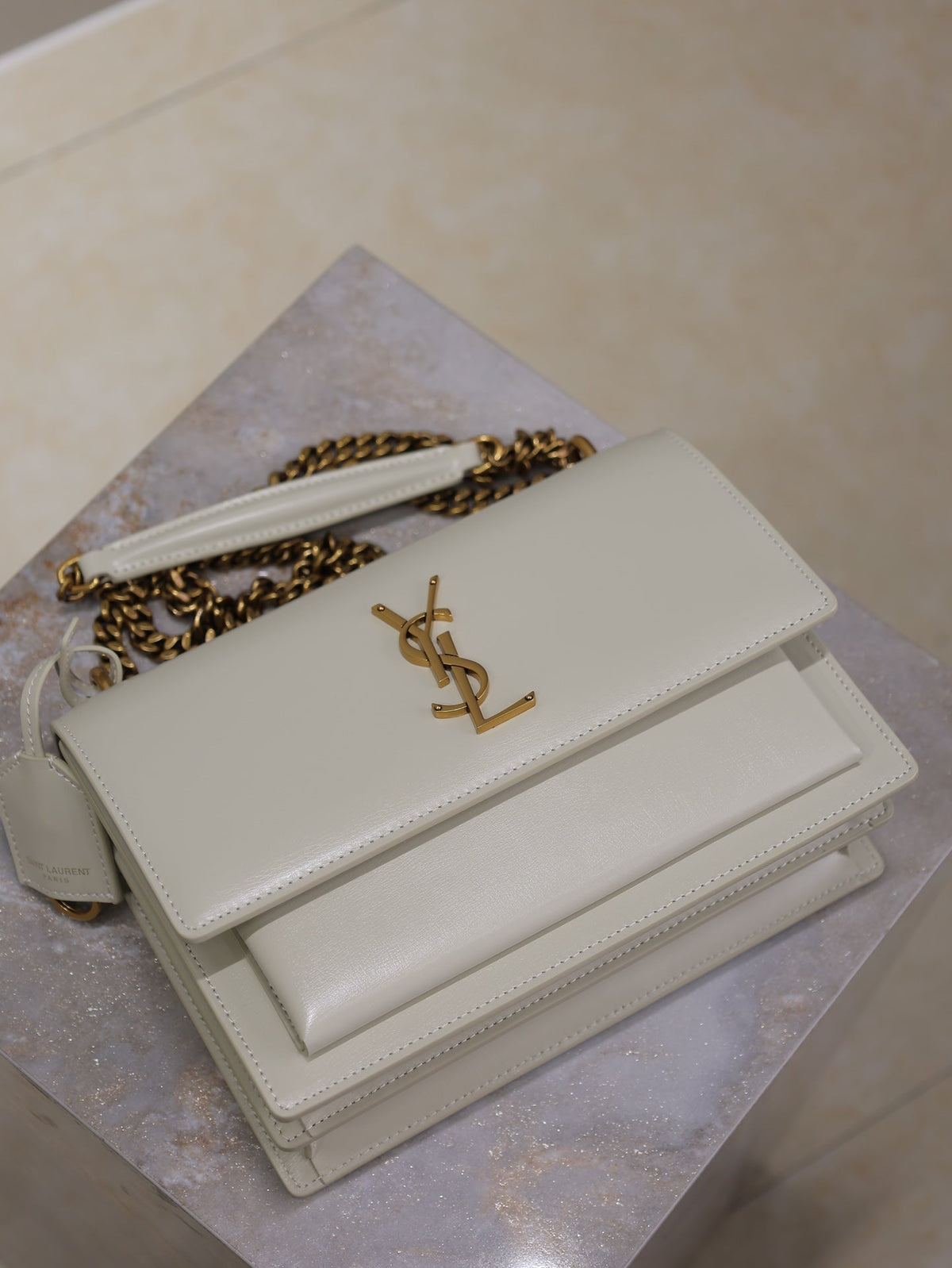 YSL 25S SUNSET BAG 22 IN IVORY CALFSKIN GOLD HARDWRE
