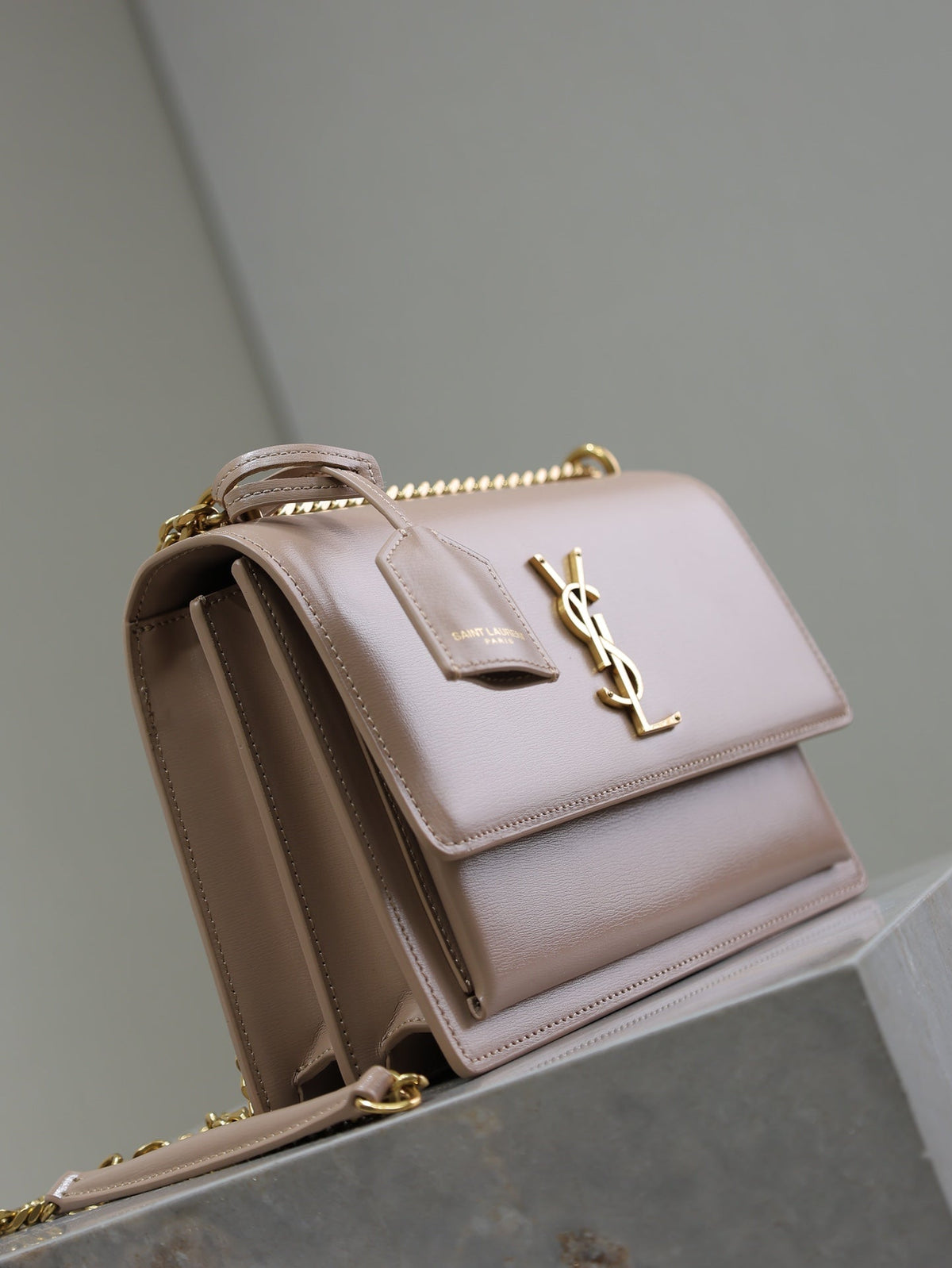 YSL 25S SUNSET BAG 22 IN WARM TAUPE PINK CALFSKIN GOLD HARDWRE