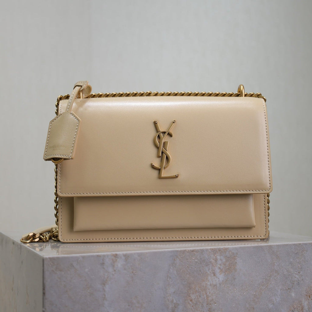 YSL 25S SUNSET BAG 22 IN NUDE CALFSKIN GOLD HARDWRE
