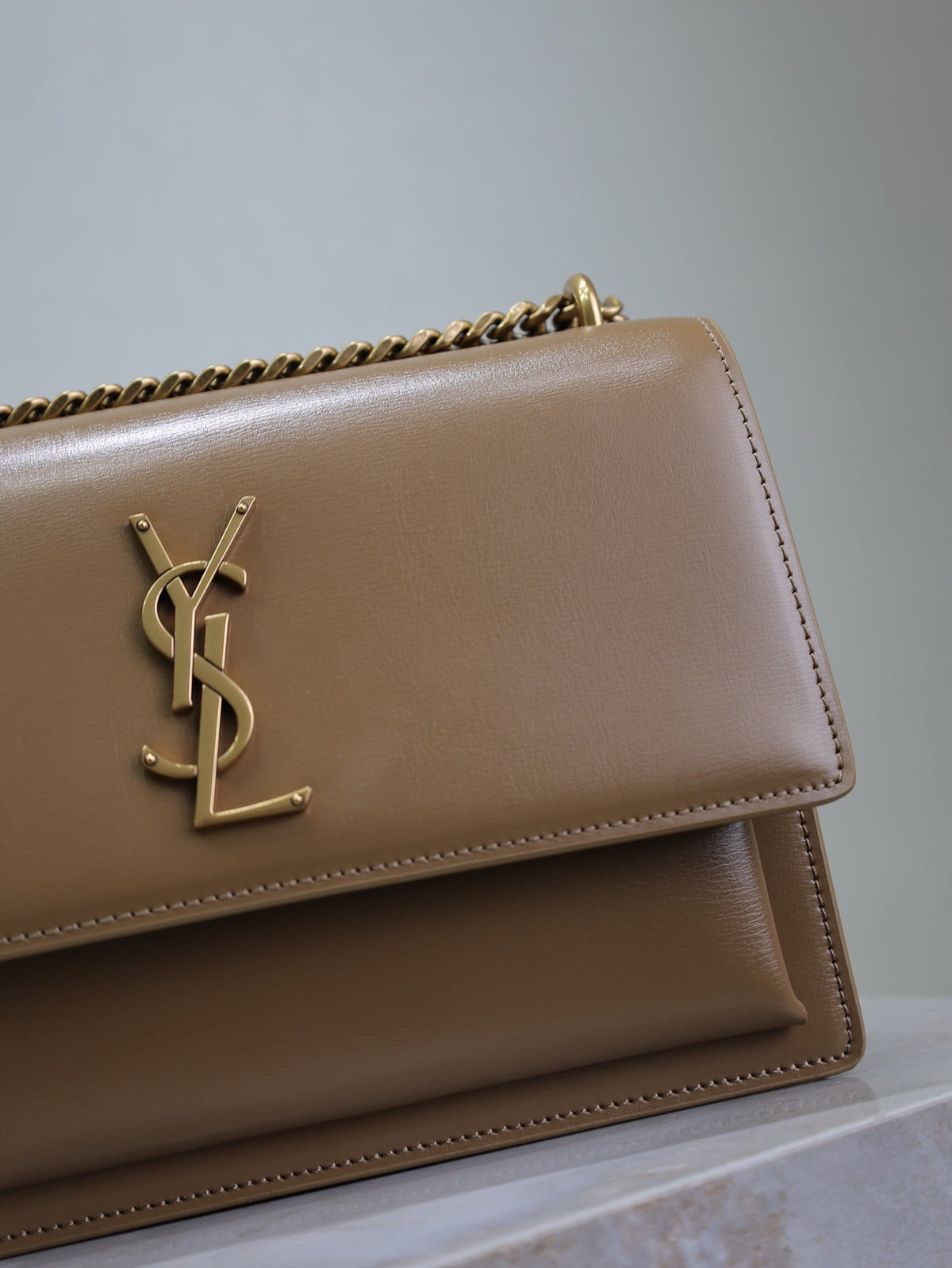 YSL 25S SUNSET BAG 22 IN BROWN CALFSKIN GOLD HARDWARE