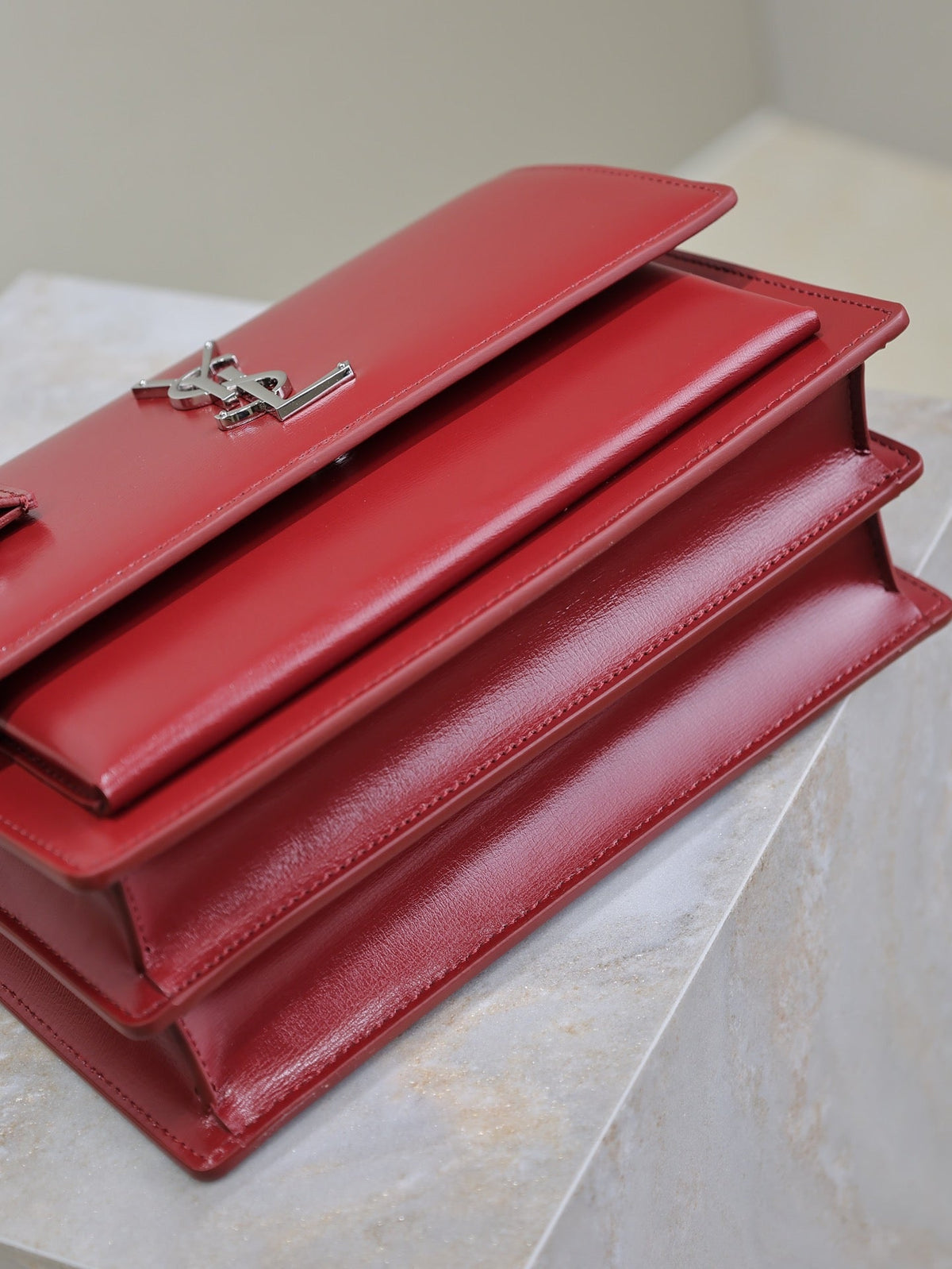 YSL 25S SUNSET BAG 22 IN CRIMSON RED CALFSKIN SILVER HARDWARE