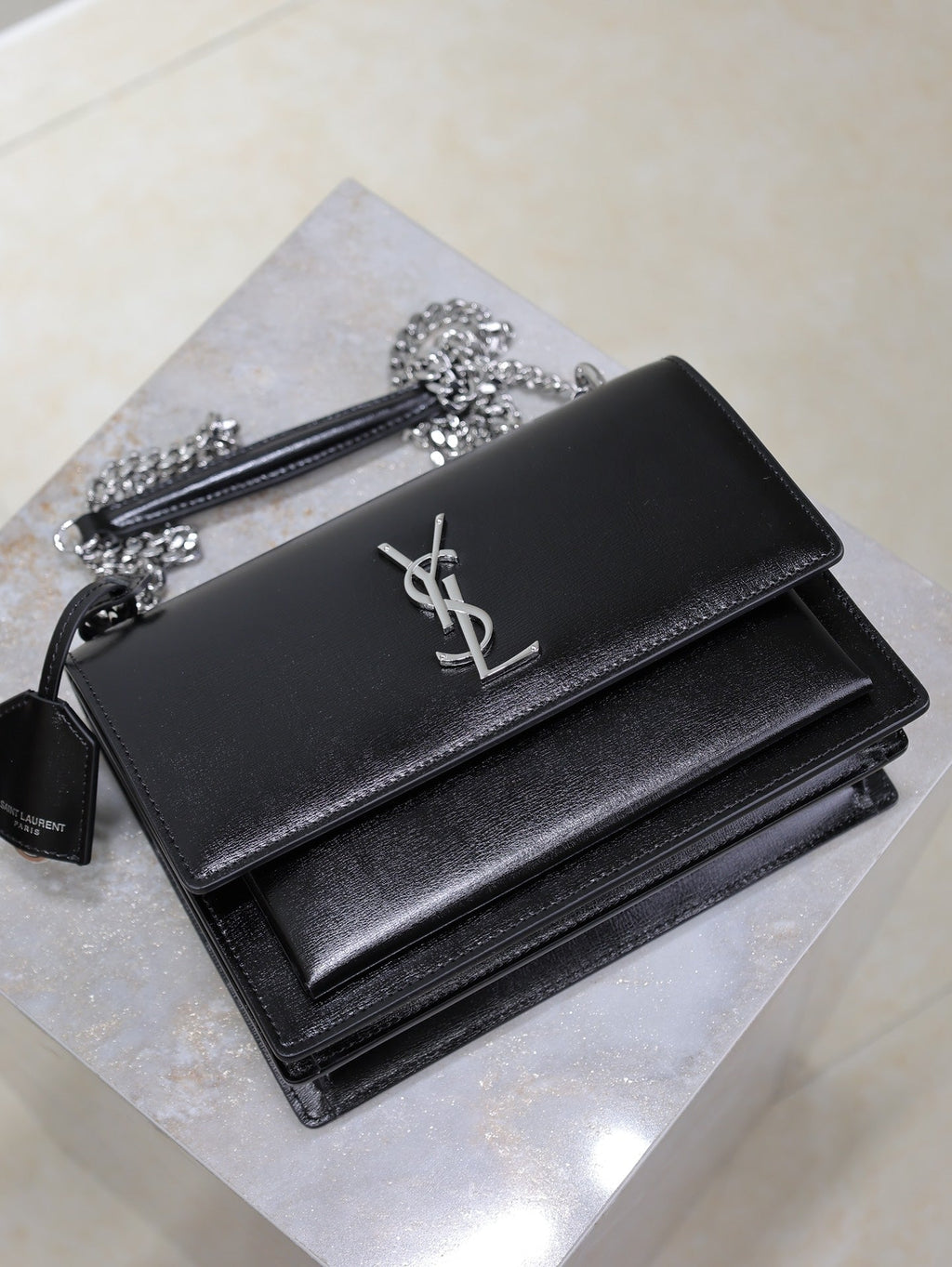 YSL 25S SUNSET BAG 22 IN BLACK CALFSKIN SILVER HARDWRE