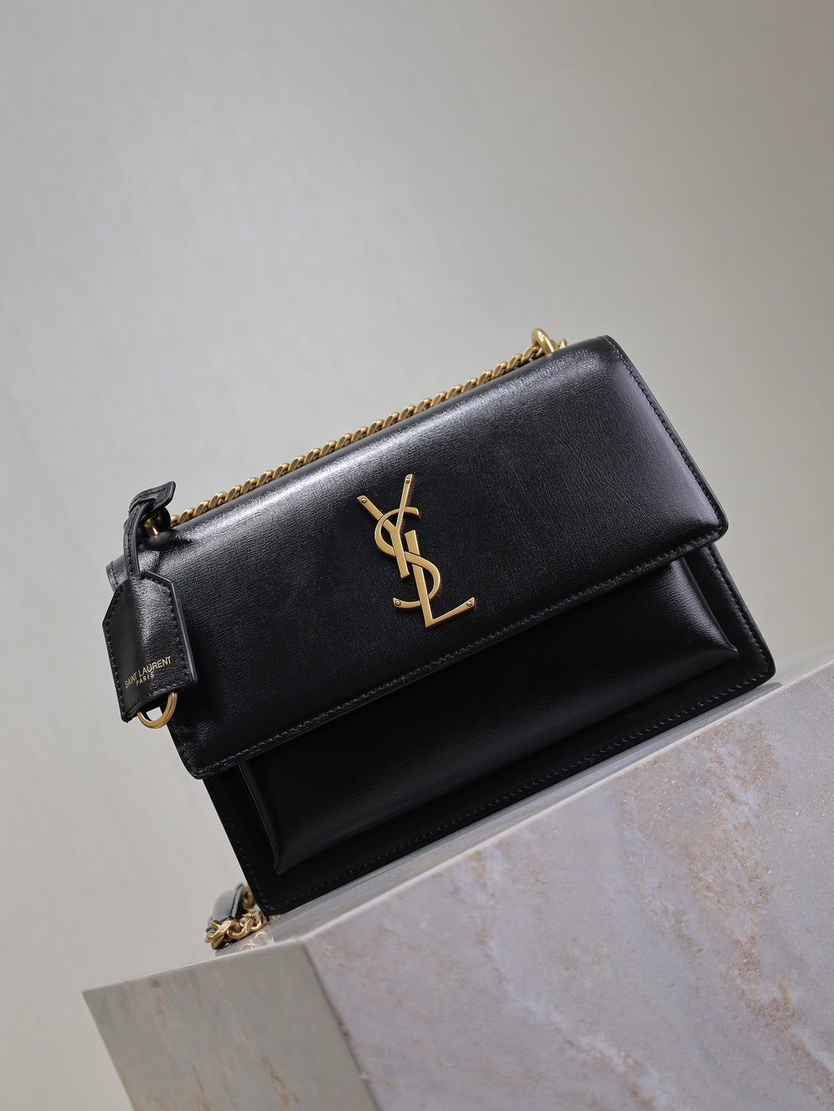 YSL 25S SUNSET BAG 22 IN BLACK CALFSKIN GOLD HARDWRE