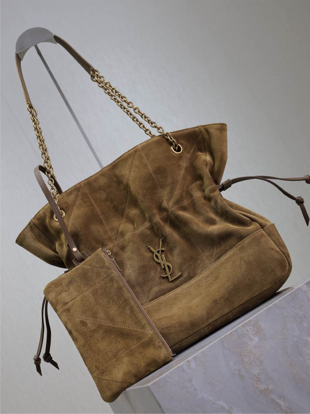 YSL NIKI TOTE BAG 34 IN CAMEL BROWN SUEDE GOLD HARDWARE