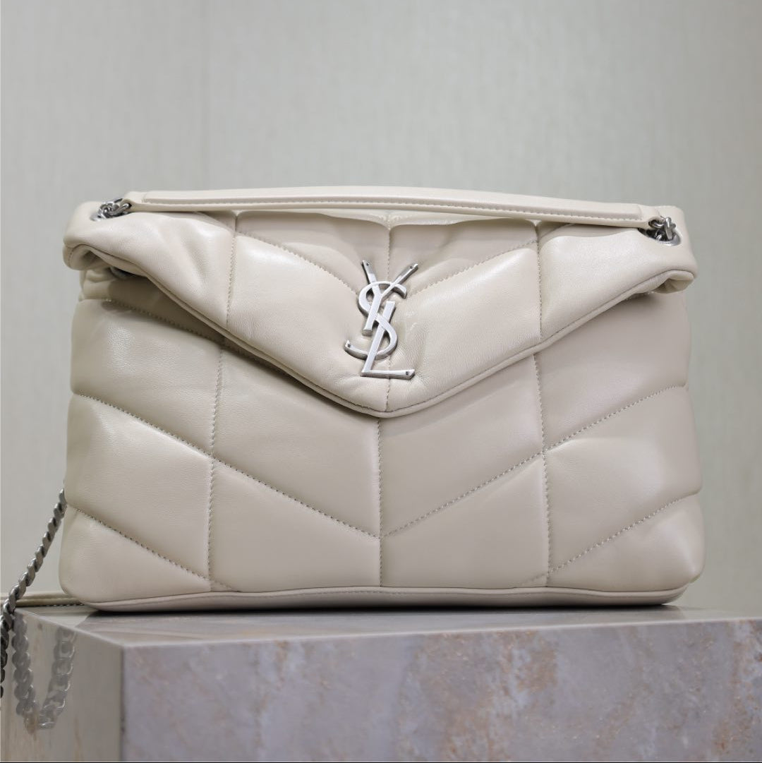 YSL 25S LOULOU PUFFER GM 35 IN SMOKEY TAUPE CALFSKIN SILVER HARDWRE