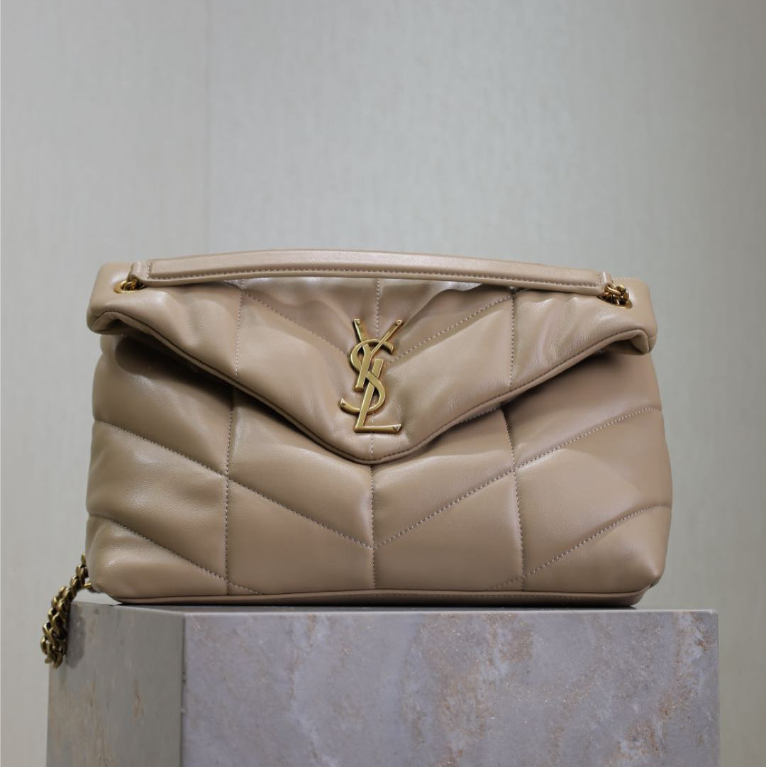 YSL 25S LOULOU PUFFER GM 35 IN BROWN CALFSKIN GOLD HARDWARE