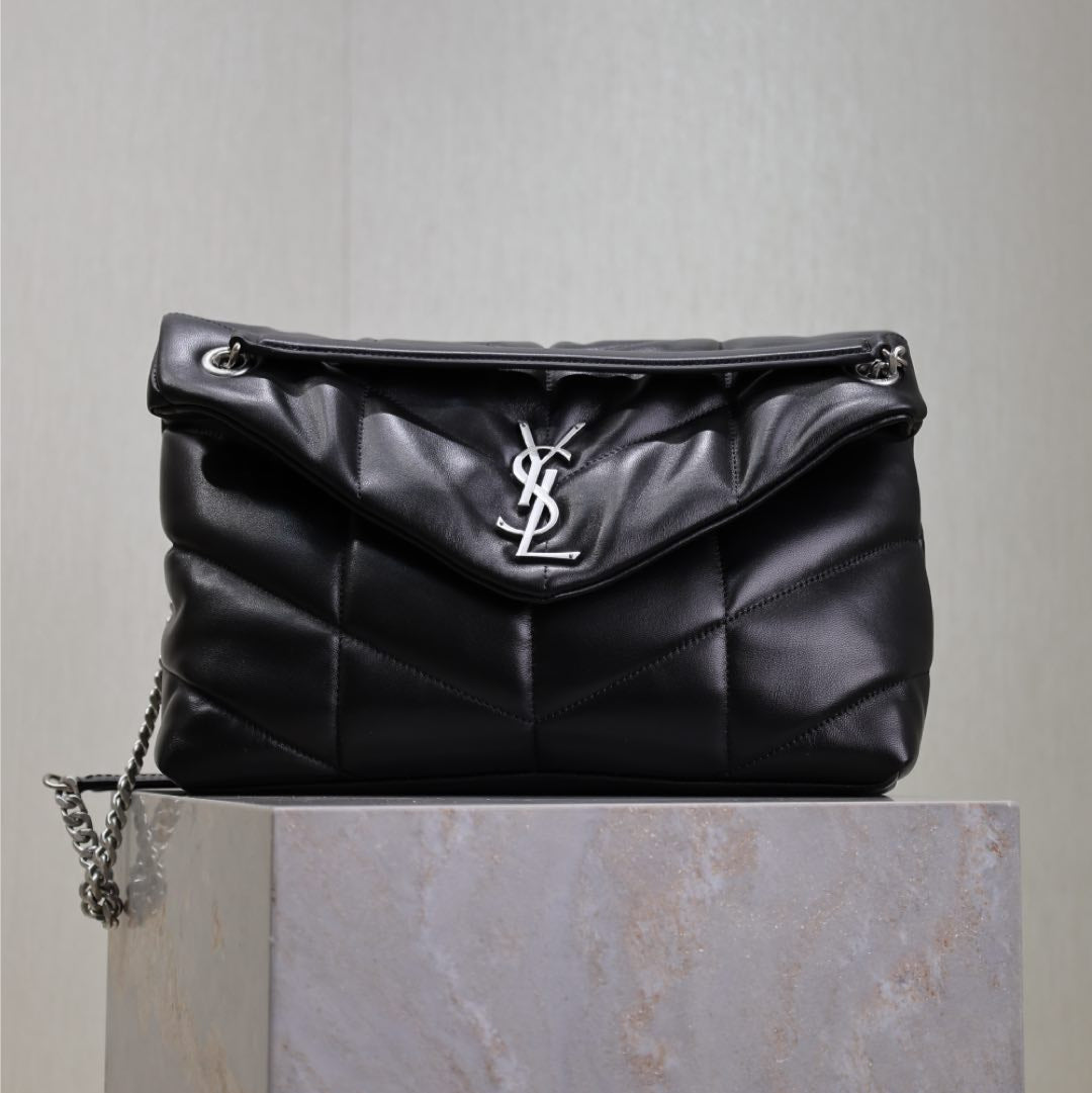 YSL 25S LOULOU PUFFER GM 35 IN BLACK CALFSKIN SILVER HARDWRE